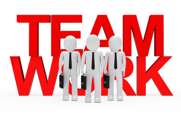 Monigotes enfrente de la palabra roja "team work"