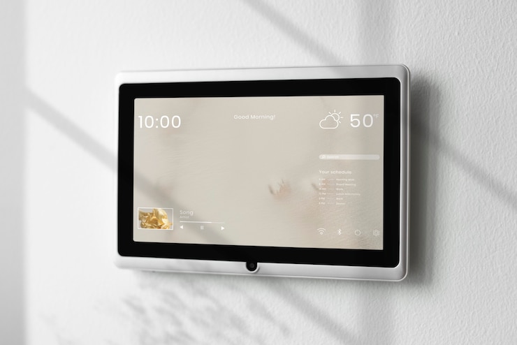 Foto gratuito monitor de panel de pantalla de inicio inteligente en una pared