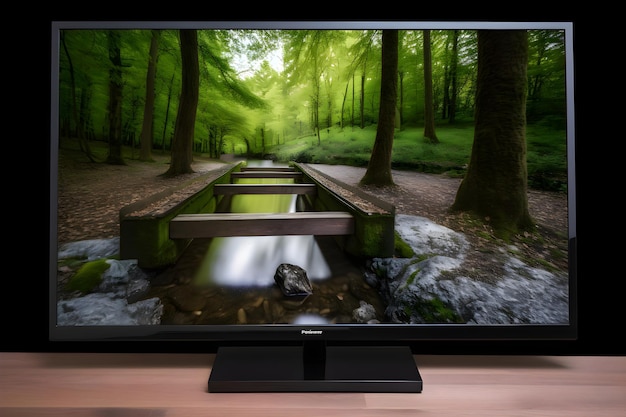 Foto gratuita monitor de tv con cascada y escaleras en el bosque renderizado en 3d