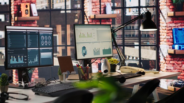 Foto gratuito monitores de computadora en el escritorio que muestran tableros de análisis de datos