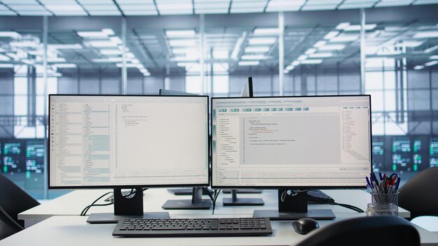 Monitores de PC en el escritorio utilizados para comprobar posibles fallas del sistema en la sala de servidores