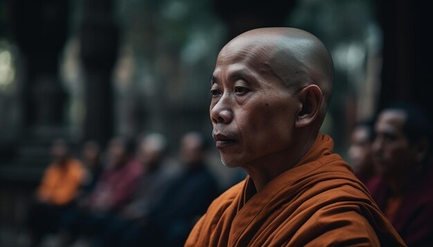 Monje budista meditando al aire libre en una ciudad famosa generada por IA