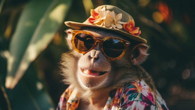 Foto gratuita mono gracioso con gafas de sol en el estudio