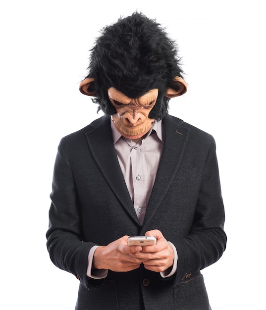 Foto gratuita mono hombre escribiendo un sms