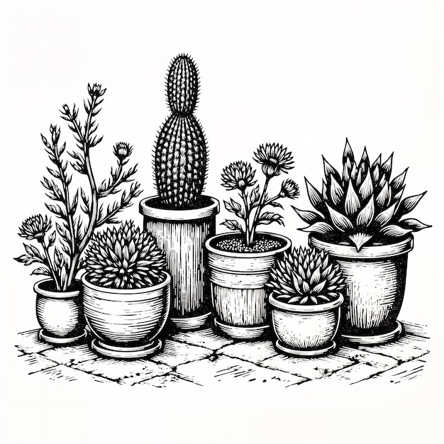 Monochrome botanical illustration of potted plants