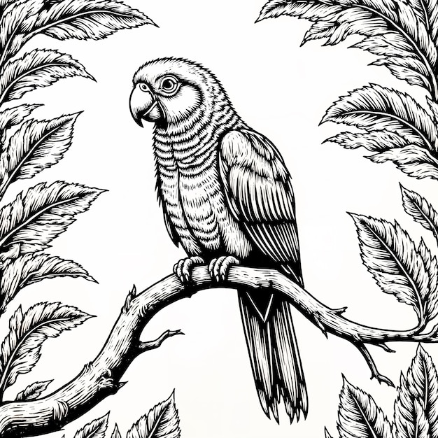Monochrome parrot perched on branch with leafy surround