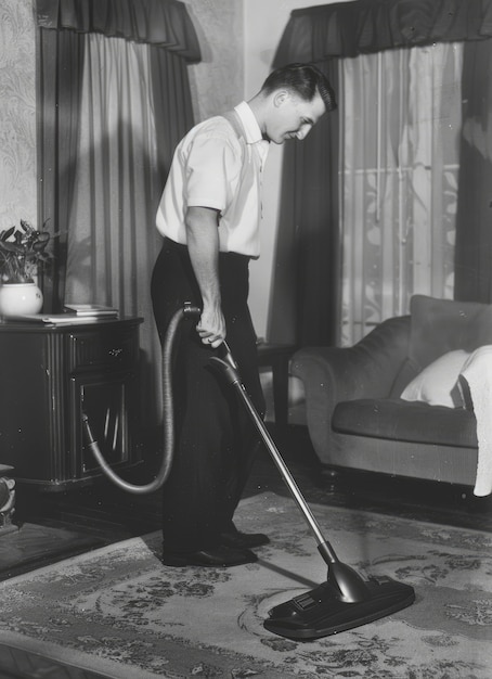 Foto gratuita monochrome portrait of retro man doing housework and household chores