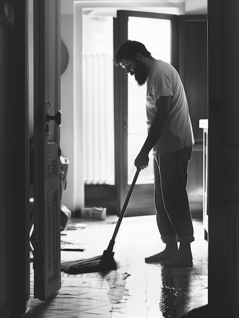 Foto gratuita monochrome portrait of retro man doing housework and household chores