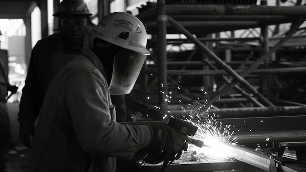 Foto gratuita monochrome scene depicting life of workers on a construction industry site