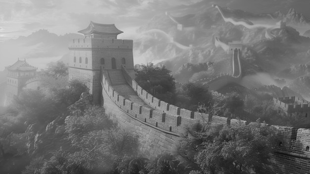 Foto gratuita monochrome view of the historic great wall of china