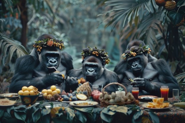 Los monos disfrutando de un picnic en un mundo de fantasía