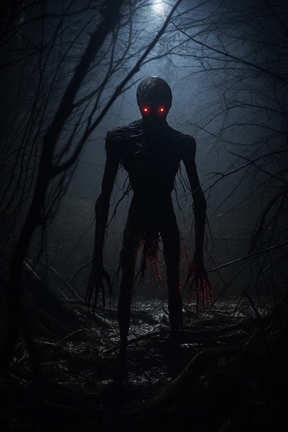 Monster menakutkan di hutan berkabut pada malam hari