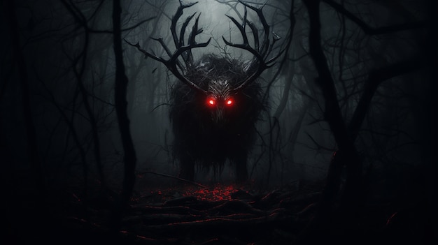 Monster menakutkan di hutan berkabut pada malam hari
