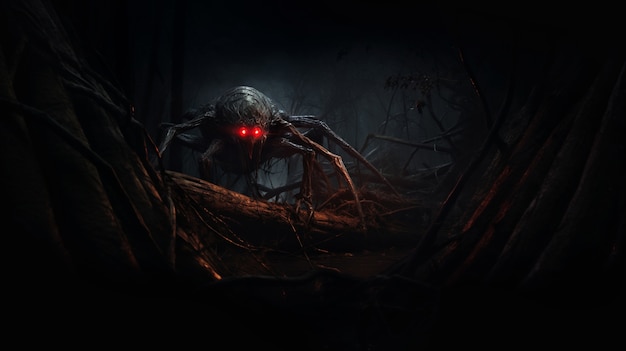 Foto gratuita monstruo aterrador en el bosque brumoso por la noche