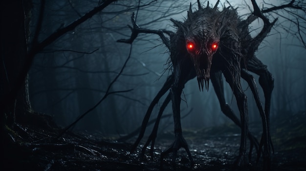 Monstruo aterrador en el bosque brumoso por la noche