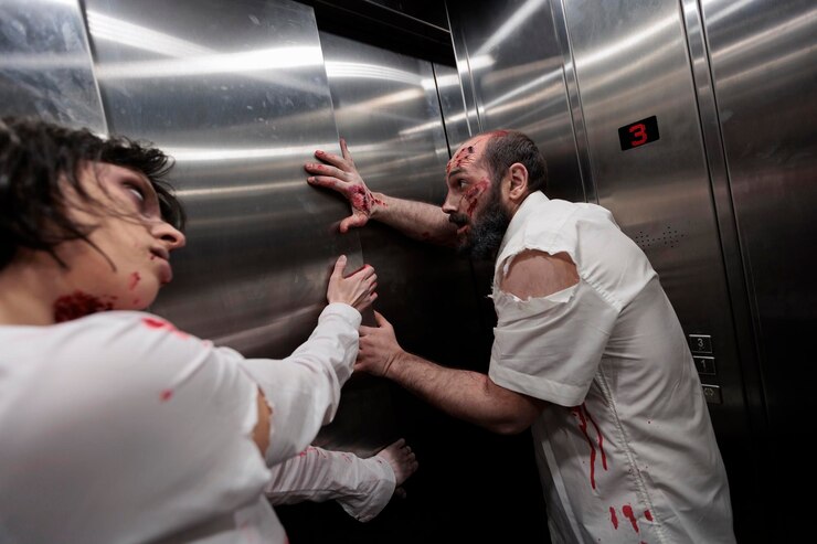 Foto gratuito monstruos devoradores de cerebros que se arrastran en el ascensor para escapar y atacar a la gente, masacrar a los muertos vivientes con espeluznantes zombis diabólicos. horribles cadáveres espeluznantes con heridas y cicatrices, violencia abusiva de muertos vivientes.