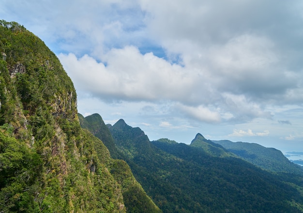 Montaña con árboles y nubes