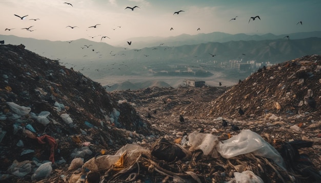 Una montaña de basura con una montaña al fondo y pájaros volando sobre ella.