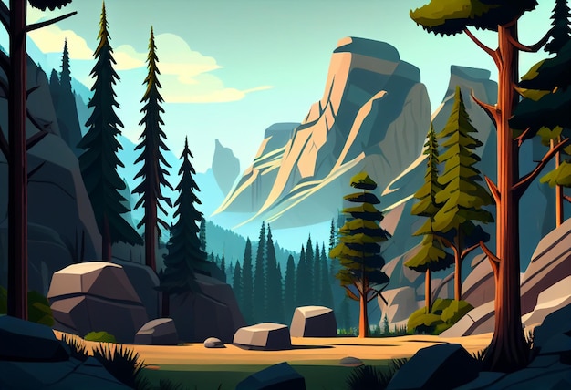 Montaña bosque selva árboles dibujos animados fondo generativo ai