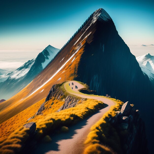 Foto gratuita una montaña con un cielo azul y un camino que tiene una montaña al fondo.