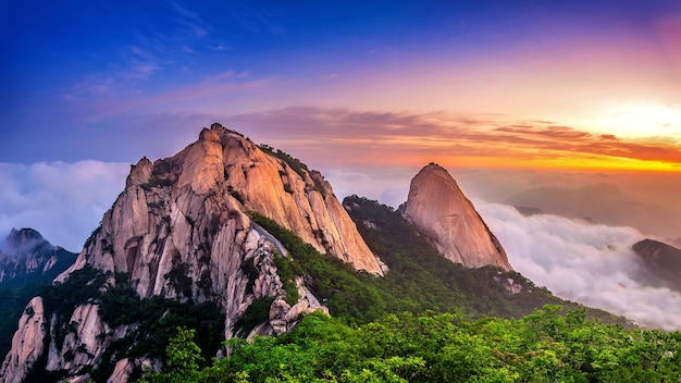 Las montañas de Bukhansan están cubiertas por la niebla de la mañana y el amanecer en Seúl, Corea