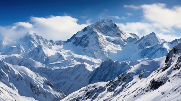 Montañas cubiertas de nieve contra un cielo nublado azul