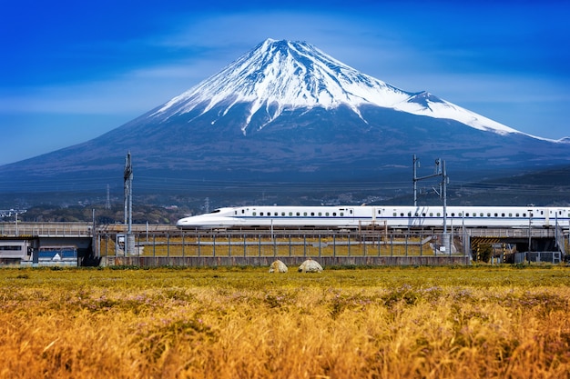 Foto gratuita montañas fuji y tren en shizuoka, japón.