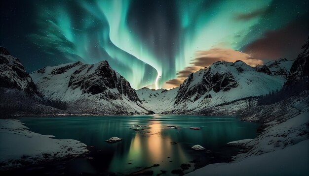 Montañas majestuosas con escena de agua y nieve IA generativa