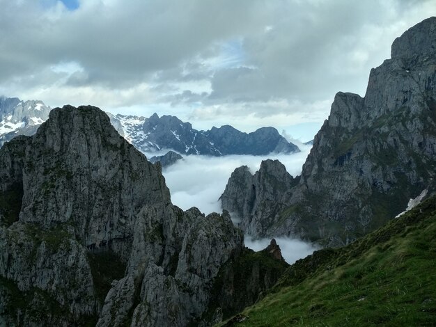 Montañas pedregosas cubiertas de niebla