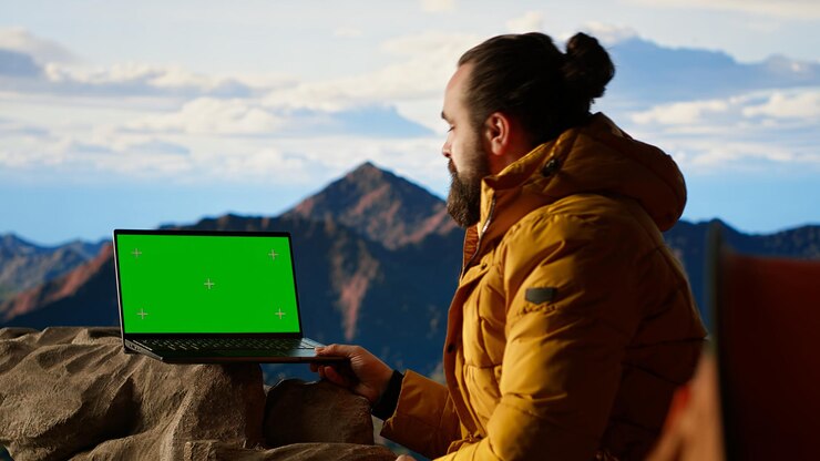 Foto gratuito el montañero se encuentra en la cima con satisfacción y utiliza la pantalla de maqueta