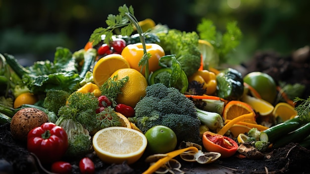 Foto gratuita montón de compost en una mesa con una variedad de frutas y verduras