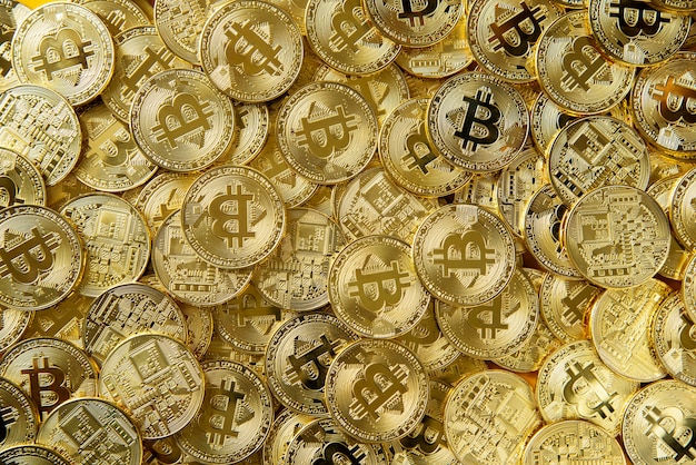 Montón de dinero bitcoin oro