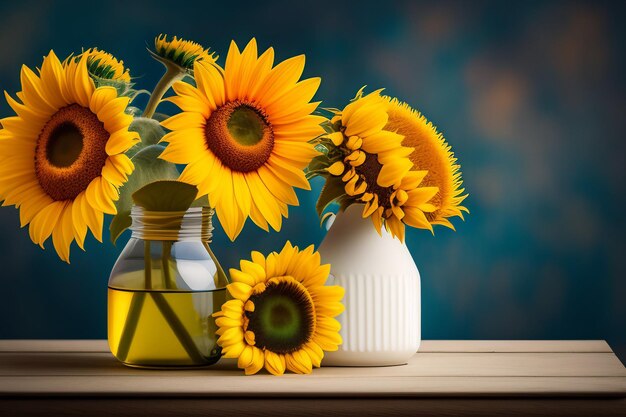 Un montón de girasoles están sobre una mesa con un fondo azul.