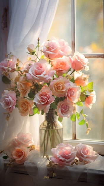 Montón de hermosas rosas florecientes en florero