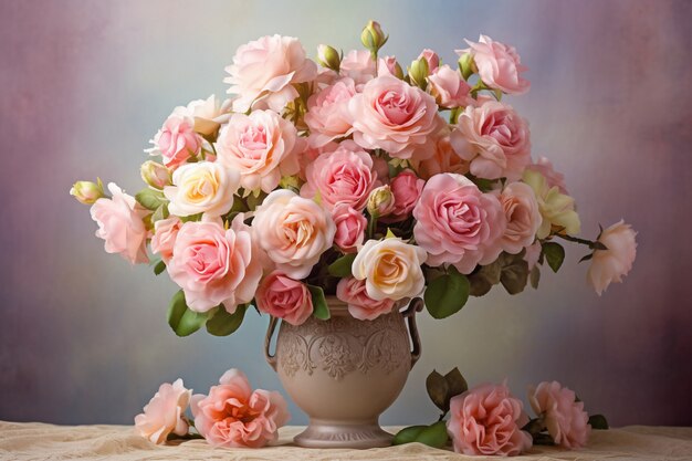 Montón de hermosas rosas florecientes en florero