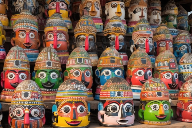 Foto gratuita un montón de ídolos de madera y arcilla pintados del dios tribal hindú jagannath durante rath yatra ai generativo