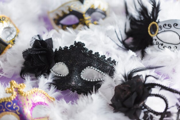 Montón de máscaras de carnaval en plumas