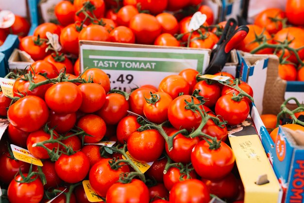 Montón de tomates rojos frescos en el mercado