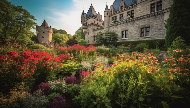 Foto gratuita monumento medieval rodeado de un colorido prado de tulipanes generado por ia