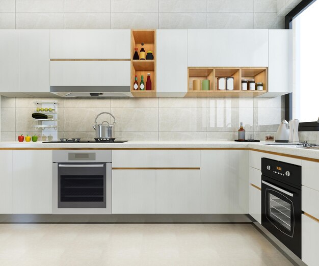 Mostrador de cocina moderno de renderizado 3d con diseño blanco y beige