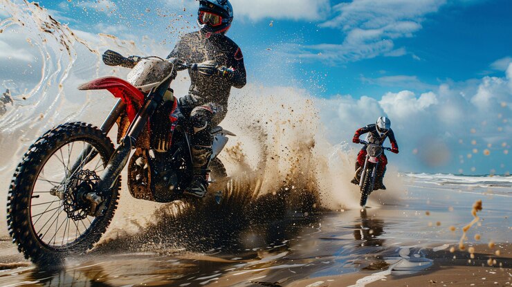 Foto gratuito motociclista de tierra con su motocicleta compitiendo en circuitos de aventura