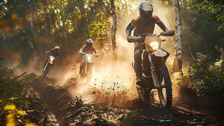 Foto gratuito motociclista de tierra con su motocicleta compitiendo en circuitos de aventura