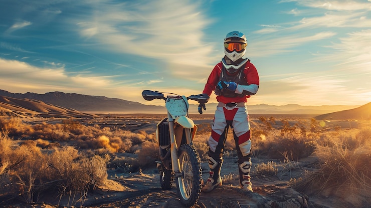 Foto gratuito motociclista de tierra con su motocicleta compitiendo en circuitos de aventura