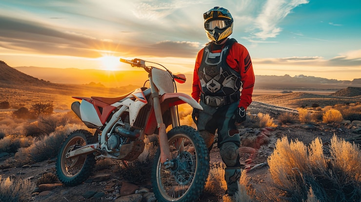 Foto gratuito motociclista de tierra con su motocicleta compitiendo en circuitos de aventura