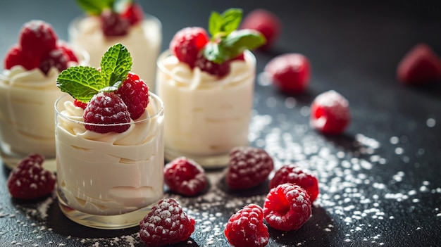 Foto gratuita mousse de chocolate blanco servido en vasos individuales adornado con frambuesas y hojas de menta