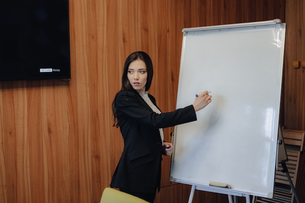 Muchacha atractiva emocional joven en la ropa del businessstyle que trabaja con el flipchart en una oficina o una audiencia moderna