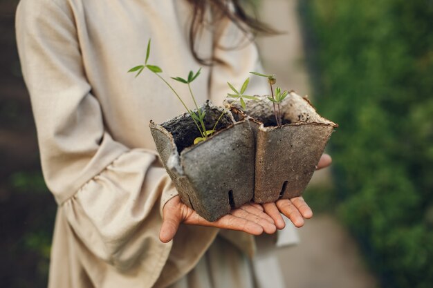 Muchacha del niño que sostiene una plántula lista para ser plantada en el suelo. Jardinero pequeño con un vestido marrón.