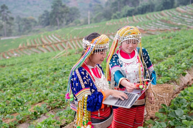 Muchacha tribal del granjero que usa la tableta digital