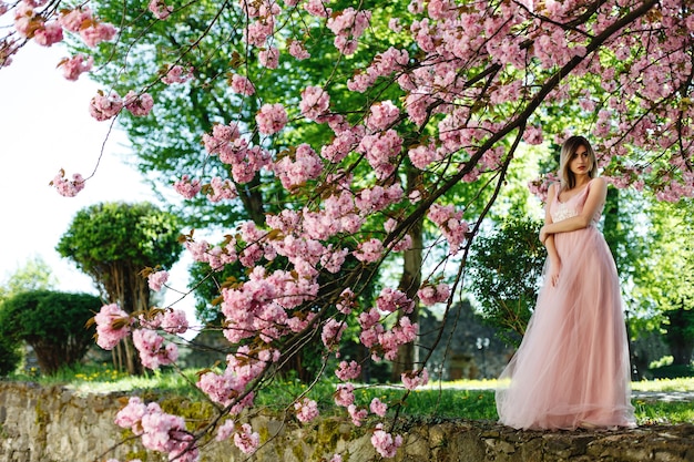 La muchacha en vestido rosado se coloca bajo árbol floreciente de Sakura en el parque