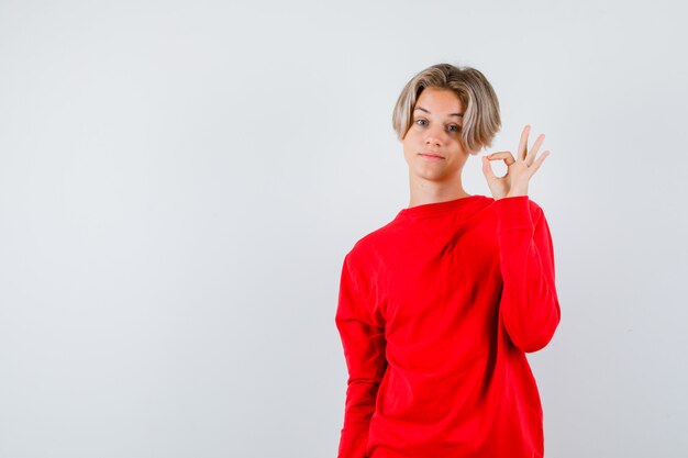 Muchacho adolescente joven en suéter rojo que muestra un gesto aceptable y que parece orgulloso, vista frontal.